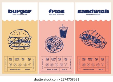 Hand drawn line art food vector packaging label design template. Boho style illustration of elegant signs and badges for cafe, restaurant, food and drinks products.