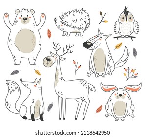 Hand drawn line art forest animals characters isolated set. Vector flat graphic design illustration
