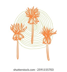 Hand drawn line art fritillaries. Vector illustrations of spring flowers. Orange elegant sketchy doodles of beautiful flowers on green sketched background. Graphic assets for print and online designs.