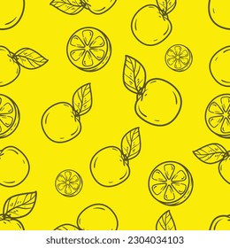 Hand drawn line art fruits seamless pattern lemons and slice of lemons