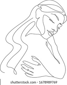 Hand drawn line art girl portrait relax with closed eyes