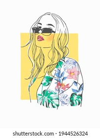 hand drawn line art of girl in sunglasses and colorful blazer vector illustration