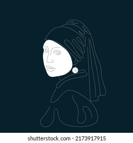 Hand drawn line art Girl with a Pearl Earring by Jan Vermeer. Modern drawing inspired by the masterpiece