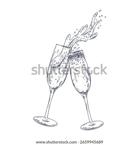 Hand drawn line art graphic illustration of two champagne glasses clinking with festive glitter and splashes, symbolizing New Year s Eve celebrations, holiday joy and elegant winter parties.