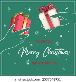 Hand drawn line art hands holding 3D gift boxes. Square visual with a green background and a beautiful and elegant mix of text wishing Merry Christmas among sparkles.