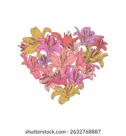 Hand drawn line art heart composition filled with retro palette lily flowers isolated on white background. Vintage romantic floral card vector illustration