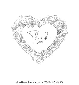 Hand drawn line art heart composition filled with black and white lily flowers and text thank you isolated on white background. Vintage romantic floral card vector illustration