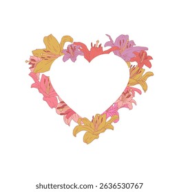 Hand drawn line art heart frame with retro palette lily flowers and place for text isolated on white background. Vintage romantic floral card vector illustration