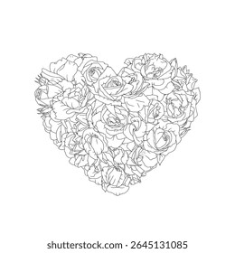 Hand drawn line art heart composition filled with monochrome black and white rose flowers isolated on white background. Vintage romantic floral card vector illustration