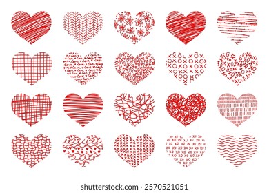 Hand drawn line art hearts set. Valentine's day textured heart shape doodle templates. Vector graphic design elements collection