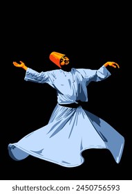 Hand drawn, line art, high contrast, whirling sufi derwish illustration