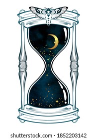 Hand drawn line art hourglass with moon and stars isolated boho sticker, print or blackwork tattoo design vector illustration