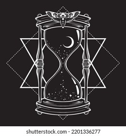 Hand drawn line art hourglass with moon and stars isolated boho sticker, print or blackwork tattoo design vector illustration