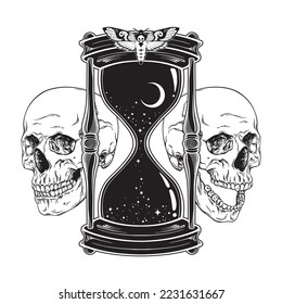 Hand drawn line art hourglass and moon   stars   human skulls isolated boho sticker  print blackwork tattoo design vector illustration