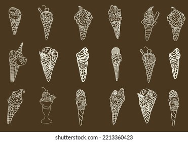 hand drawn line art ice cream illustrations.ice cream cone outline doodle collection