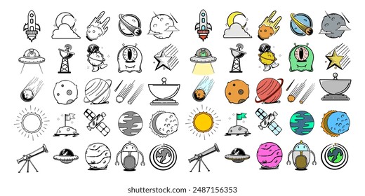 hand drawn line art icon set illustration with a space theme
