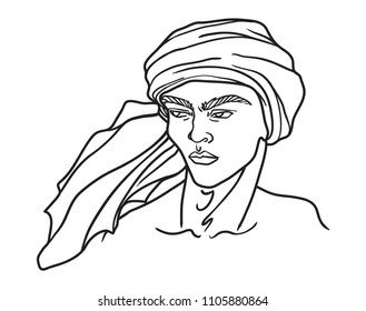 Hand drawn line art illustration of a man wearing a turban. Isolated vector on a white background.