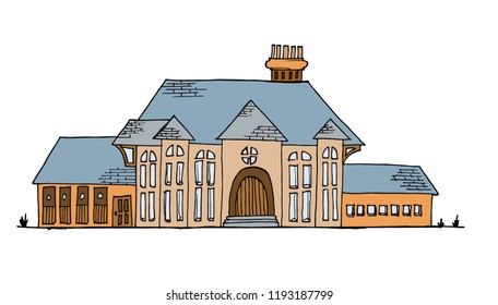 Hand drawn line art illustration of vintage Medieval mansion house