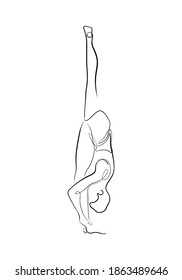 Hand drawn line art illustration of Urdhva Stretched Upward pose or character woman standing in One leg Stretched Upward pose.