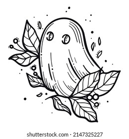 Hand drawn line art illustration. Detailed outline drawings. Templates for coloring books, tattoos, stickers, prints. Trendy black and white vector illustration with cute ghost, leaves.