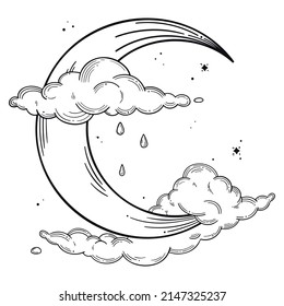 Hand drawn line art illustration. Detailed outline drawings. Templates for coloring books, tattoos, stickers, prints. Trendy black and white vector illustration with crescent moon, clouds, stars, drop