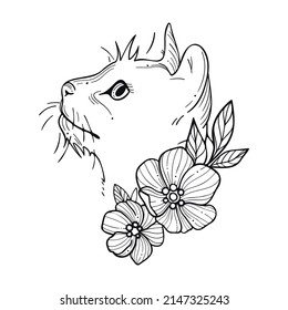 Hand drawn line art illustration. Detailed outline drawings. Templates for coloring books, tattoos, stickers, prints. Trendy black and white vector illustration with cat muzzle, flowers, leaves.