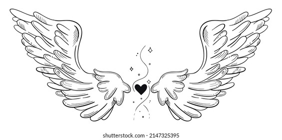 Hand drawn line art illustration. Detailed outline drawings. Templates for coloring books, tattoos, stickers, prints. Trendy black and white vector illustration with angel wings, heart, swirls.