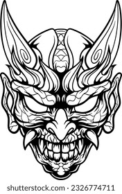 hand drawn line art illustration of Japanese demon evil mask , mascot logo illustration