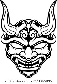 hand drawn line art illustration of Japanese demon evil mask , mascot logo illustration