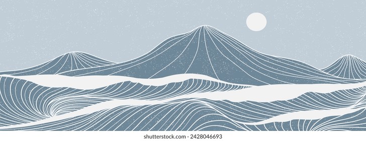 Hand drawn line art illustration of Mountain and ocean waves. Abstract contemporary aesthetic background landscape. used for art prints, posters, covers, banners