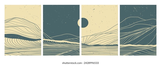 Hand drawn line art illustration of mountain and ocean waves on set. Abstract mountain contemporary aesthetic background landscape. used for art prints, posters, covers, banners