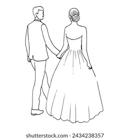 Hand drawn line art illustration of a couple walking hand-in-hand in the background behind the bride and groom. The man is looking at the woman, whose face is not visible