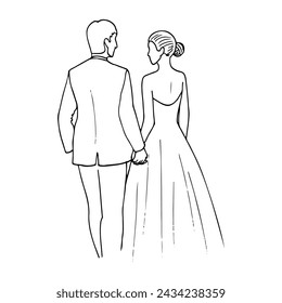Hand drawn line art illustration of a man and woman in evening dresses walking hand-in-hand and looking at each other, depicted in the background behind the bride and groom