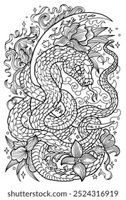 Hand drawn line art illustration with moon, flowers and snake - symbol of the year according to eastern horoscope. Graphic artwork for coloring page. Esoteric, gothic and mystic concept