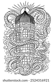 Hand drawn line art illustration with old tower and snake - symbol of the year according to eastern horoscope. Graphic artwork for coloring page. Esoteric, gothic and mystic concept