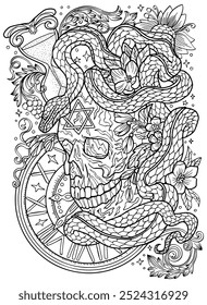 Hand drawn line art illustration with skull, old watch and snake - symbol of the year according to eastern horoscope. Graphic artwork for coloring page. Esoteric, gothic and mystic concept