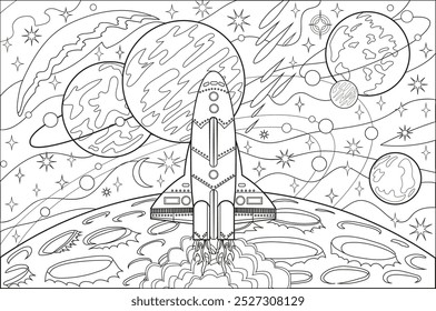 Hand drawn line art illustration with retro future space rocket, spacecraft, planets, stars and objects, science fiction coloring page