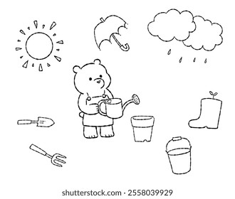 Hand Drawn Line Art Illustration of Bears Gardening
