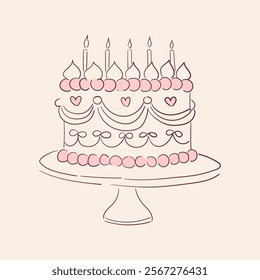 Hand drawn line art illustration of cute cake with candles. Dessert for valentine day, birthday, wedding. Outline scribble pastry. Vector graphic