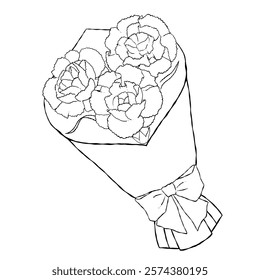 Hand drawn line art illustration of a mini carnation bouquet
