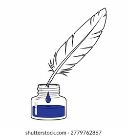 A hand drawn line art illustration of a traditional feather quill pen being dipped into a small glass bottle filled with dark blue ink.