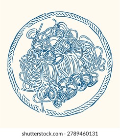 hand drawn line art illustration of Italian seafood pasta, spaghetti alle vongole with clams or oysters served on a plate, ink or crayon sketch style. Perfect for restaurant menus and culinary design.