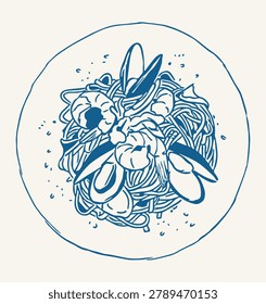 hand drawn line art illustration of seafood pasta with shrimp, prawns, and mussels served on a plate. ink sketch doodle style of traditional Italian spaghetti marinara dinner isolated.