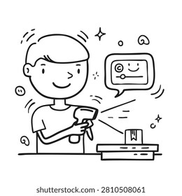 Hand drawn line art illustration of a young man holding a barcode scanner pointed at a parcel with a speech bubble showing a smiling face icon