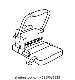 Hand drawn line art illustration of a comb binding machine on a white background.