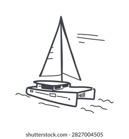 Hand drawn line art illustration of a sailboat catamaran on a white background.