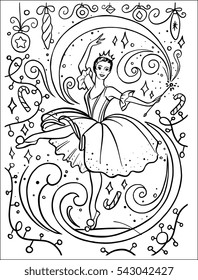 Hand drawn line art illustration of ballet scene from Nutcracker - design for adult coloring postcard or book. Dance theme poster. 