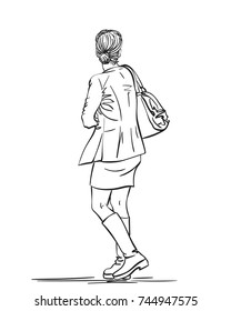 Hand drawn line art illustration of woman in tight skirt and business costume walking, view from back, Vector sketch isolated on white background