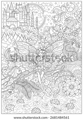 Hand drawn line art illustration of beautiful princess Elf playing on lute in the garden for adult coloring book, cards. Vector monochrome sketch artwork with high details on white background. 