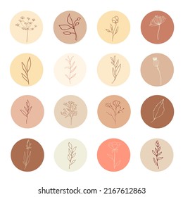 Hand drawn line art illustrations for social media highlight covers, vector collection. Botanical, berries, herbs, flowers, leaves, branches